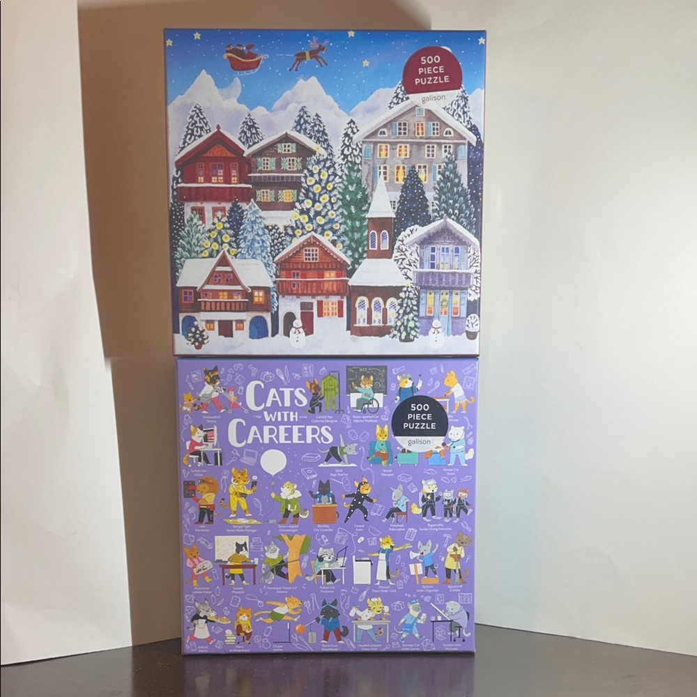 Lot of 2 Galison 500-Piece Puzzles- Cats with Careers & Yuletide Village